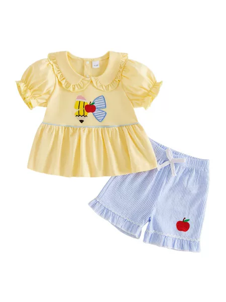 Summer Children's Pure Cotton Short-Sleeved Suit for Girls, Cute Apple Embroidery Two-Piece Set, Baby Home Clothes Shorts