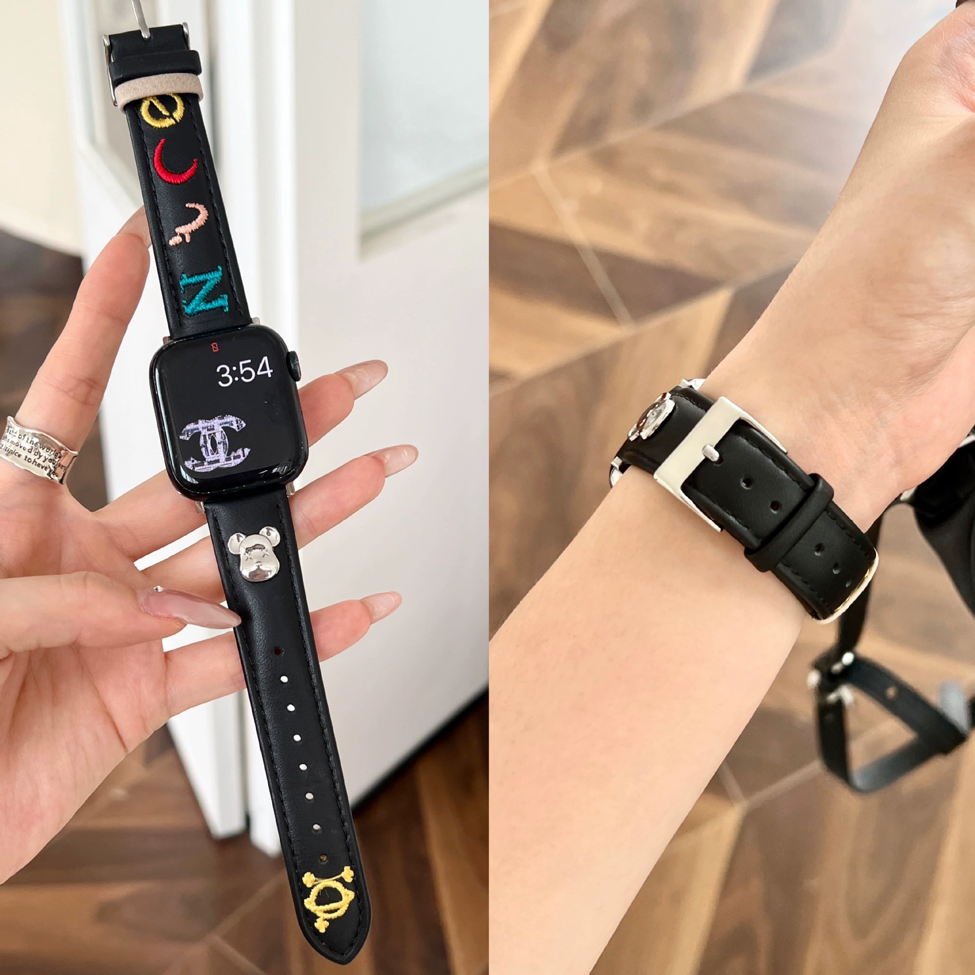 Кожаный вышитый ремешок Bear Letter для iWatch S10, совместим с Apple Watch 1–9, новый стиль SE, кожа, Xiaomi 8/9PRO