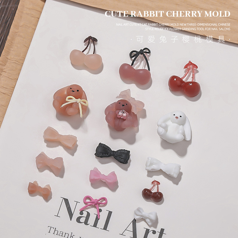 Nuevo molde de manicura de silicona conejo cereza arco adorable accesorios de tallado tridimensional DIY joyas al por mayor