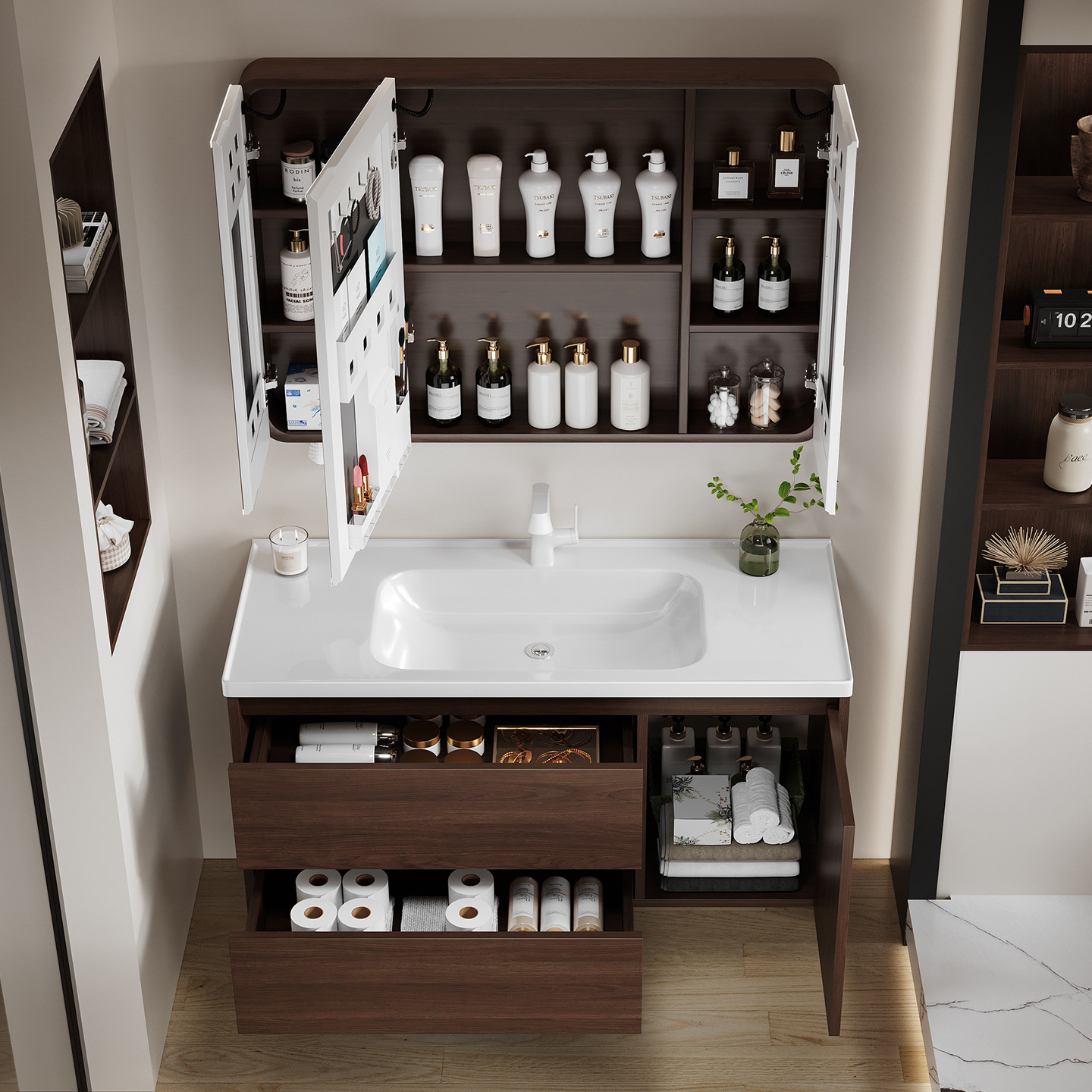 Gabinete de baño de estilo medieval de nuez cerámica una bañera cajón de madera maciza multicapa gabinete de baño lavabo de mano combinación lavabo