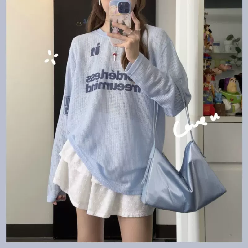 美式慵懒风镂空针织长袖印花t恤罩衫女小众设计感休闲衫上衣