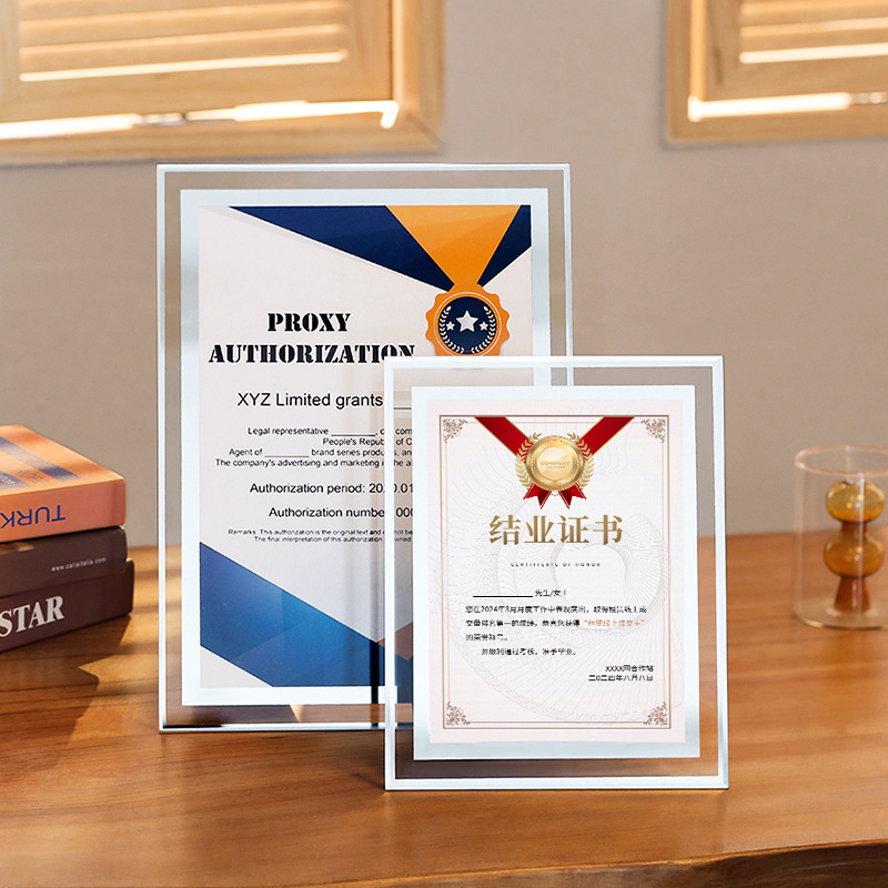 Glass Crystal 6-Inch 7inch 8inch Photo Frame Empty Frame Table High-End A5 Certificate Display Frame A4 Honorary Certificate Frame