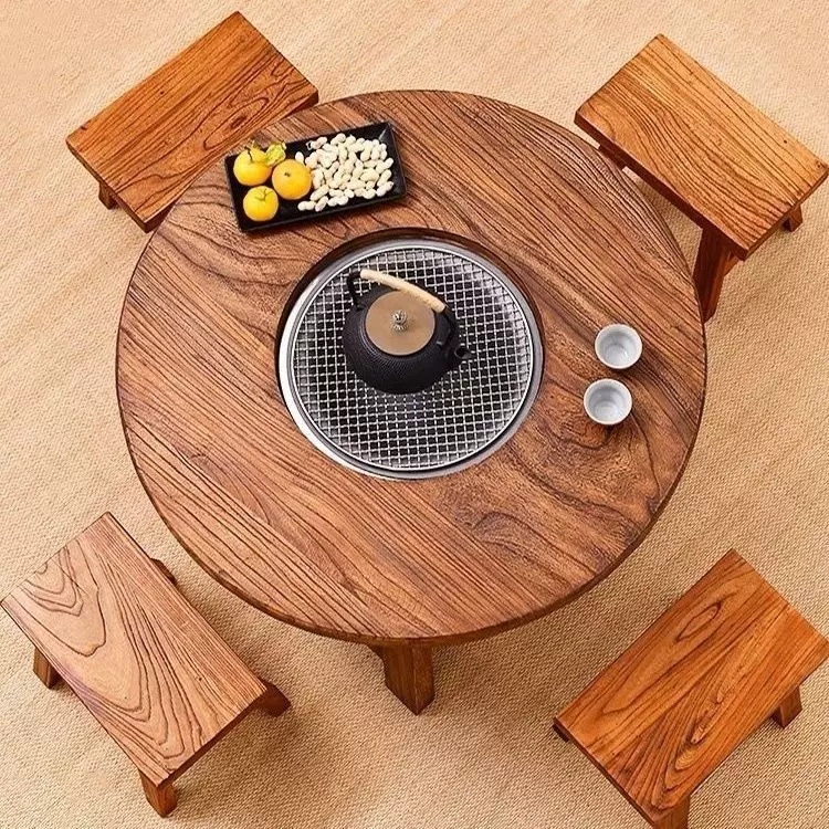 实木原木餐桌阳台家用老榆木圆桌茶台烧烤火锅桌实木餐桌榆木圆桌