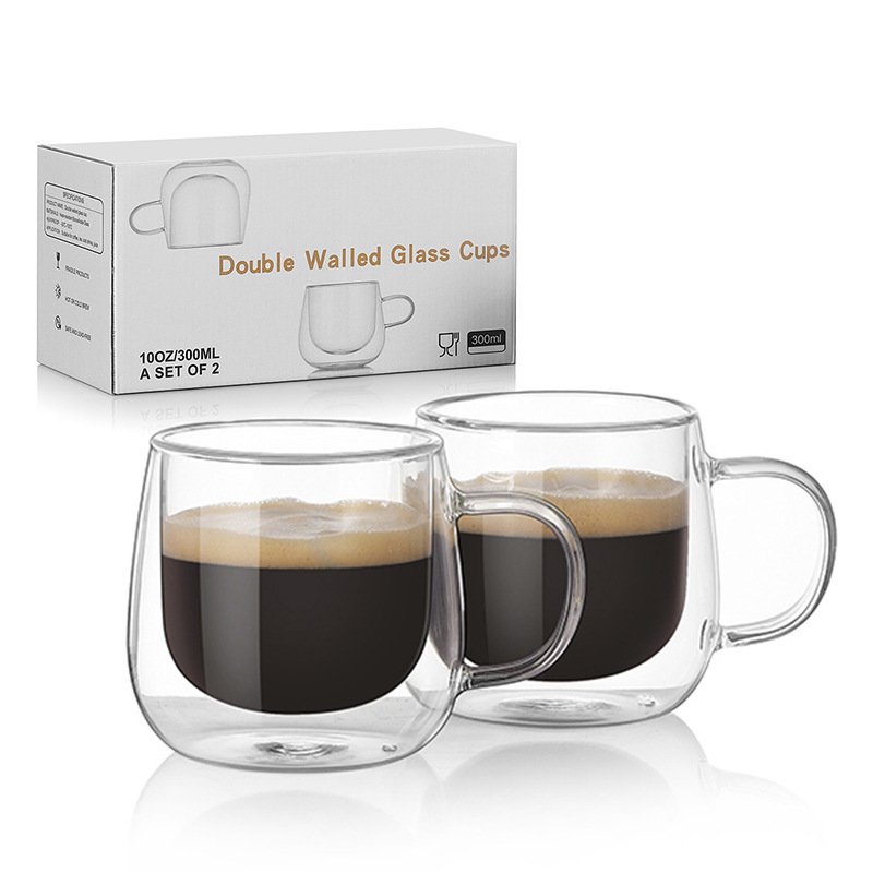 Hogar de doble capa de vidrio de borosilicato oficinista café leche taza de té con mango taza de té transparente regalo