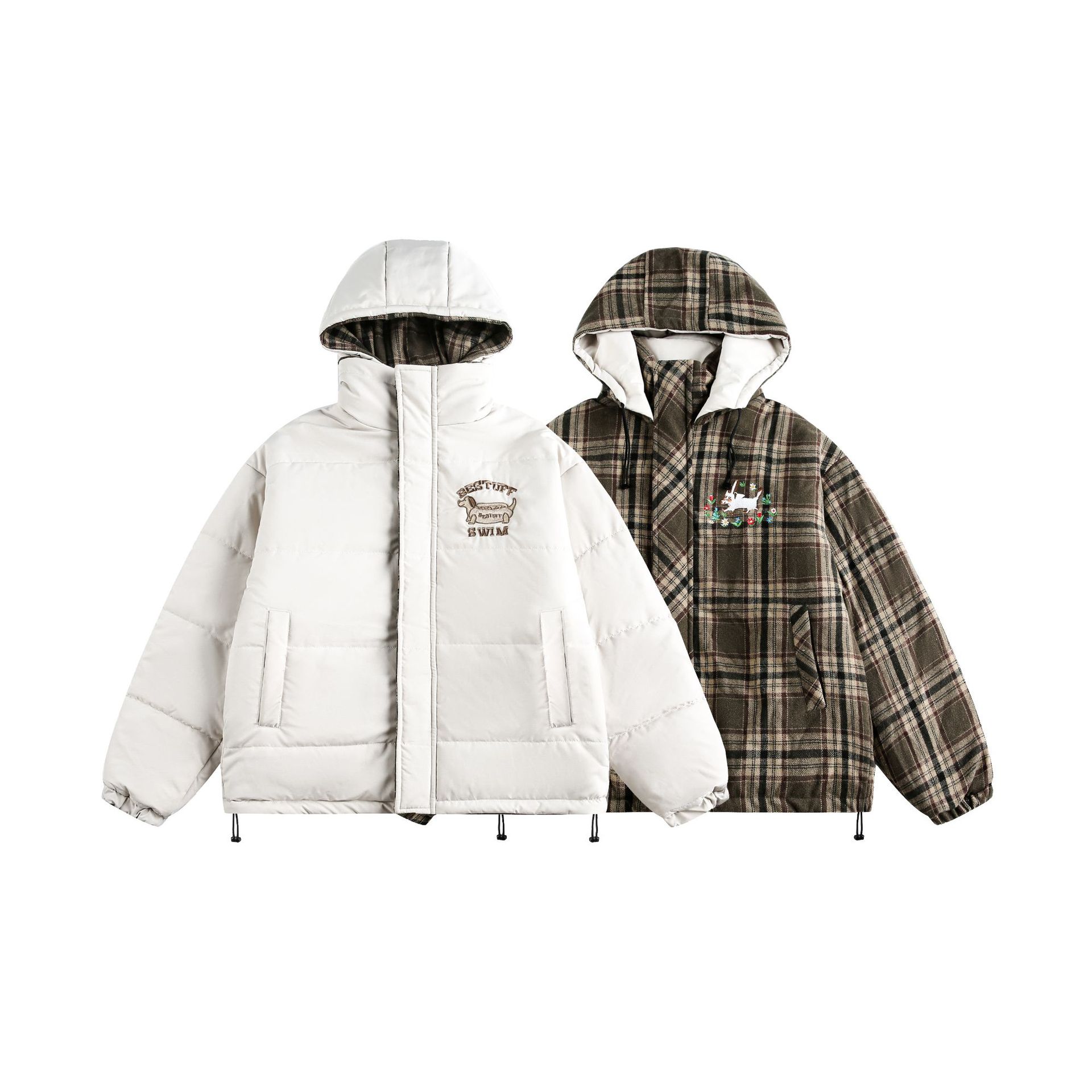 "Giacca unisex reversibile a quadri – Cappotto invernale oversize con cappuccio (fodera trapuntata, doppio uso, stampa a quadri vintage, tasche foderate in pile)"_voghion.com