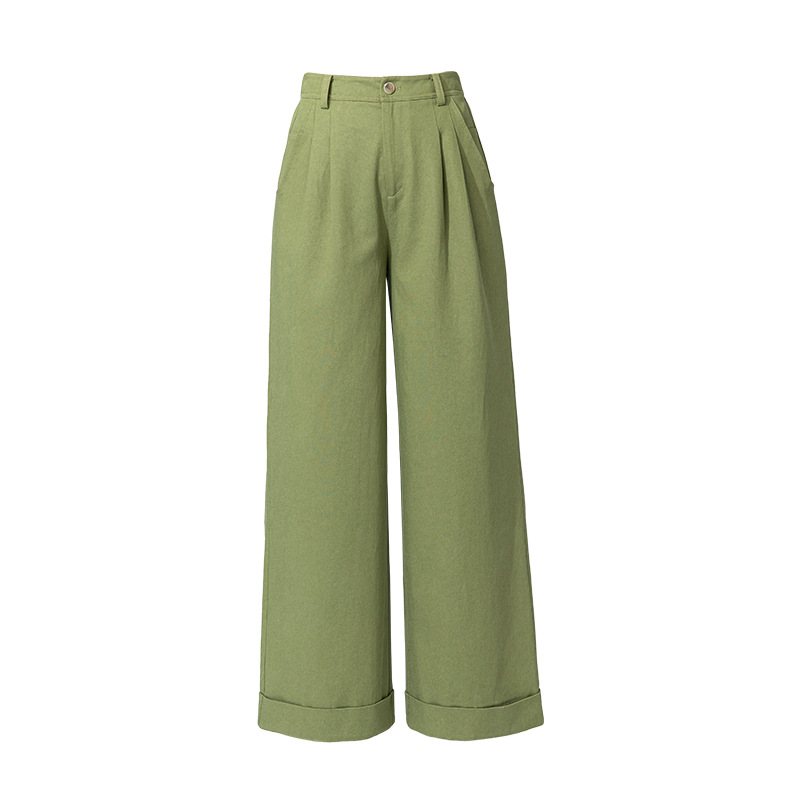 Quần tây nữ ống đứng cạp cao dáng suông dài chấm đất chất Tencel cotton — Xanh bơ