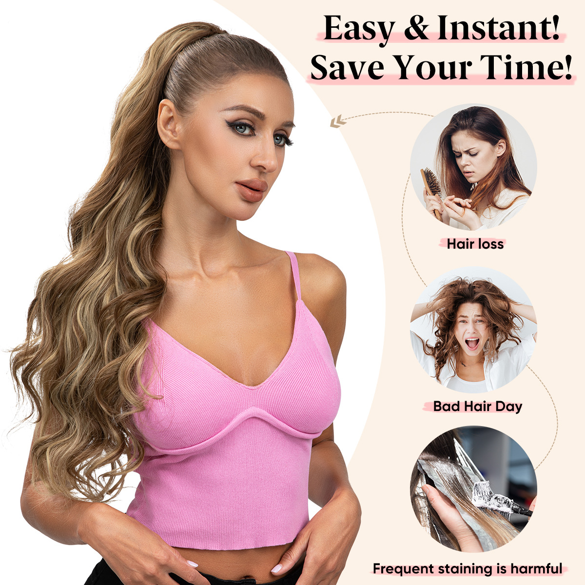 Synthetic hair for women with long curly hair drawstring style synthetic fiber high ponytails and large wave fake braids_voghion.com