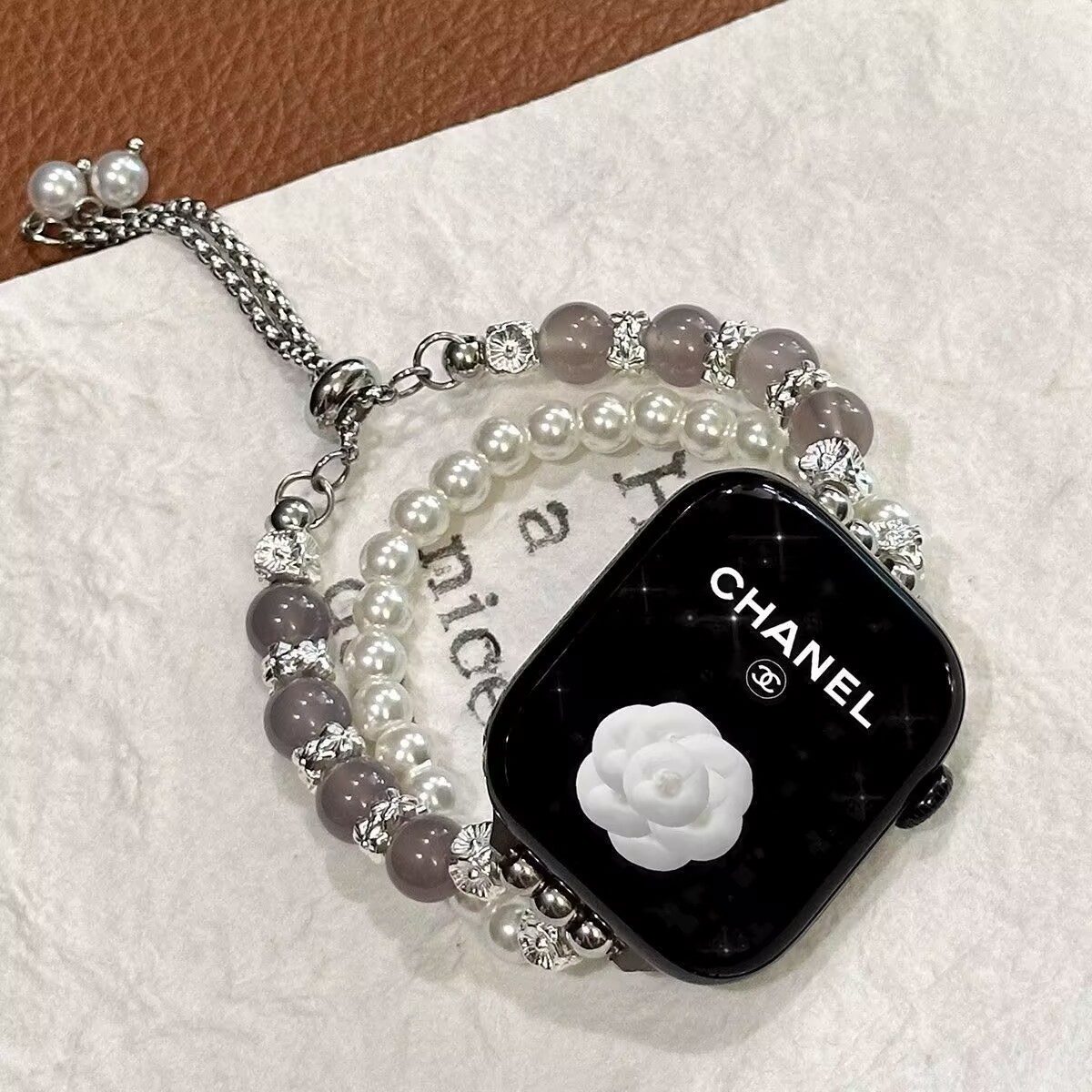 Suitable for Iwatchs10 Watch Strap Gray Moonlight Agate Beaded New Chain Iwatch789 Apple Watch Strap