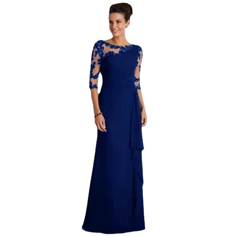 Comercio exterior de Europa y América Amazon AliExpress deseo nuevo cuello redondo encaje apliques vestido noche largo que adelgaza