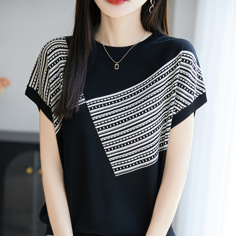 [100 Tencel Lyocell] Heavy Jacquard Summer New Women's Korean Style Short-Sleeved Tops and Thin Knitwears