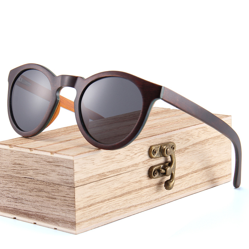 跨境经典圆框夹层竹木太阳眼镜高品质时尚复古木质偏光墨镜太阳镜