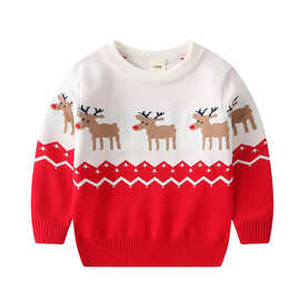 亚马逊外贸童装圣诞儿童毛衣三只小鹿双层提花卡通套头长袖现货