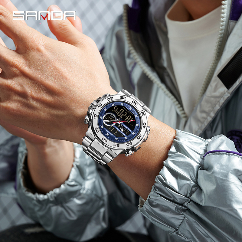 Reloj de pulsera de doble movimiento Sanda 3 reloj de despertador multifuncional impermeable nocturna para hombres