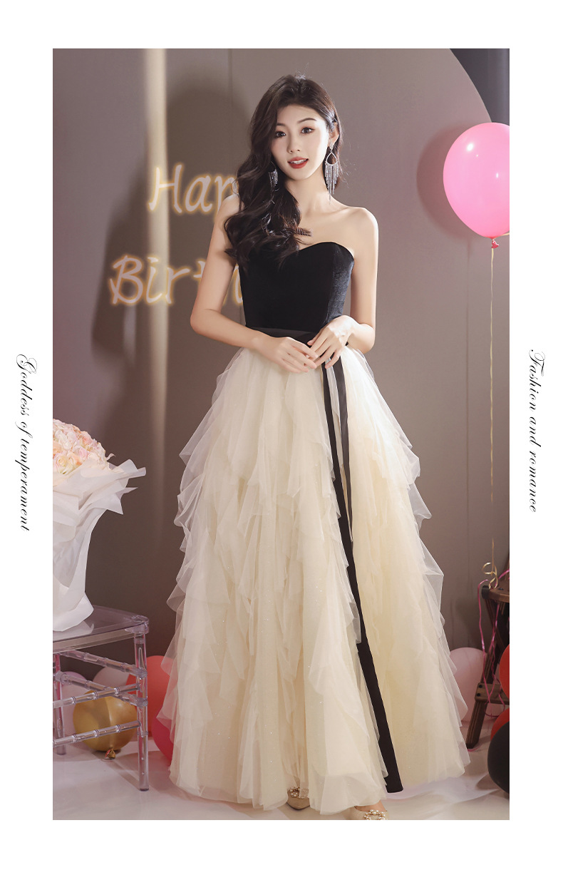 Váy dạ hội maxi thắt eo cổ chữ U không tay chất liệu nhung đen — Nhung đen chi tiết 12