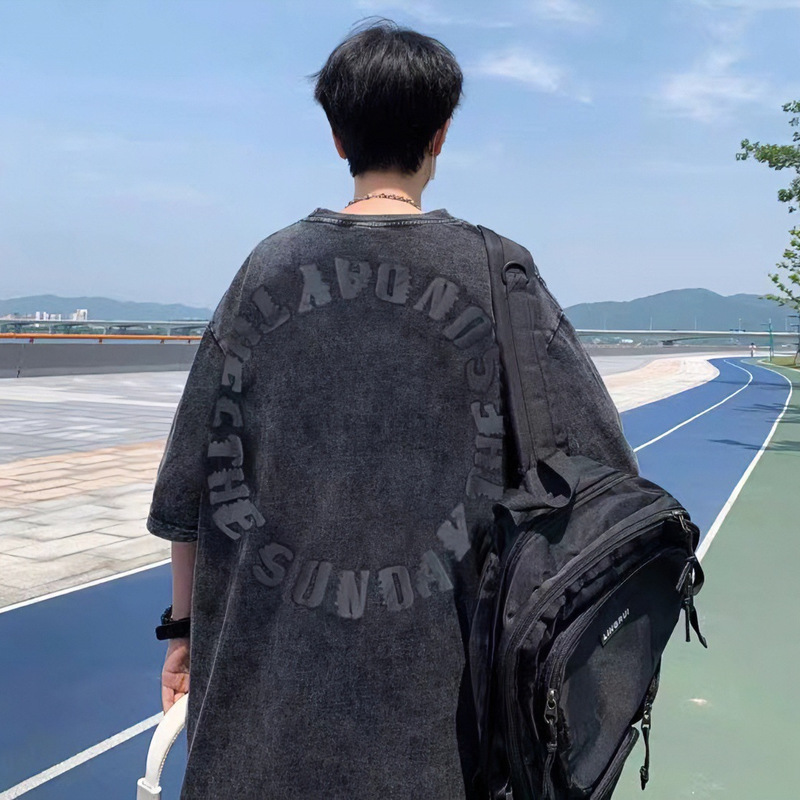 American Style Retro Washed Old Printed Short-sleeved T-shirt Men's Summer New Ins Trendy Brand Hip-hop Loose All-match Half-sleeved T-shirt