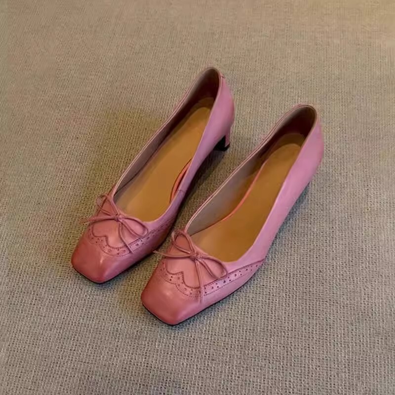 Sheepskin Version ~ Retro Artistic New High Heels Women's Carved Distinctive Square Toe Leather Single Shoes Thick Heel Temperament Women's Shoes