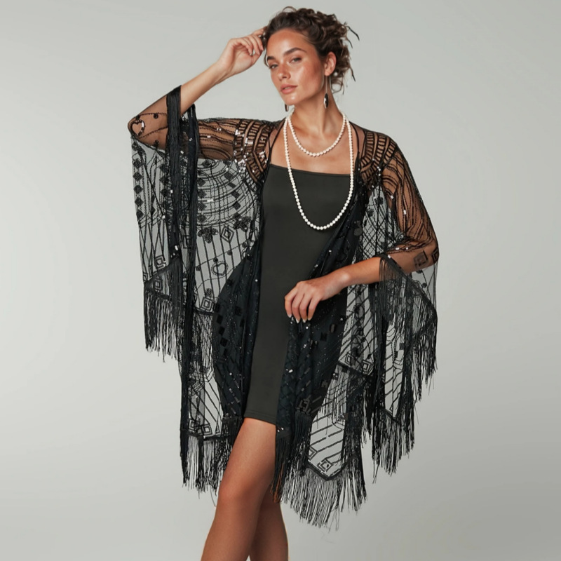 European and American New Style Women's Hollow Sequin Tassel Long Shawl Prom Party Fashion High-End Thin Dress Matching