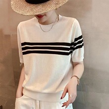 夏季新款曲珠冰丝圆领女式短袖透气薄款简约风格套头打底T恤衫潮