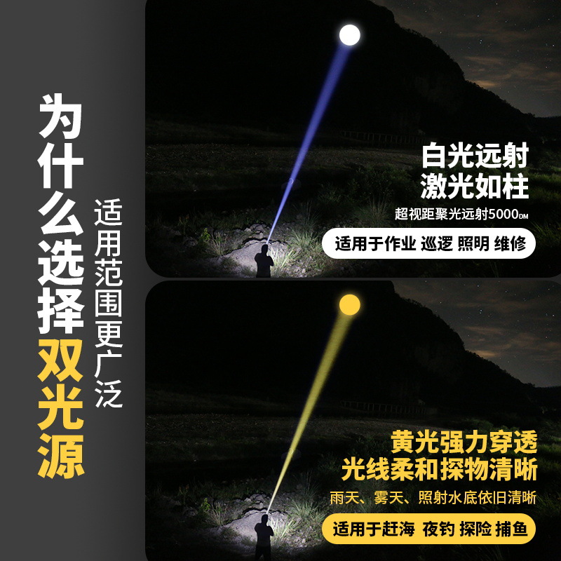 Transfronterizo doble fuente de luz inductiva auricular luz amarilla luz blanca láser luz intensa carga luz de cabeza led zoom luz de pesca nocturna image 4