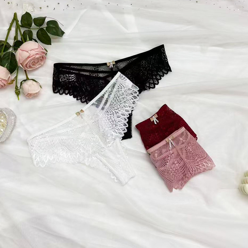 European and American Thin Black Personalized Lace Underwear Mid-Waist Sexy Hollow Comfortable Breathable Thong Sexy Girl
