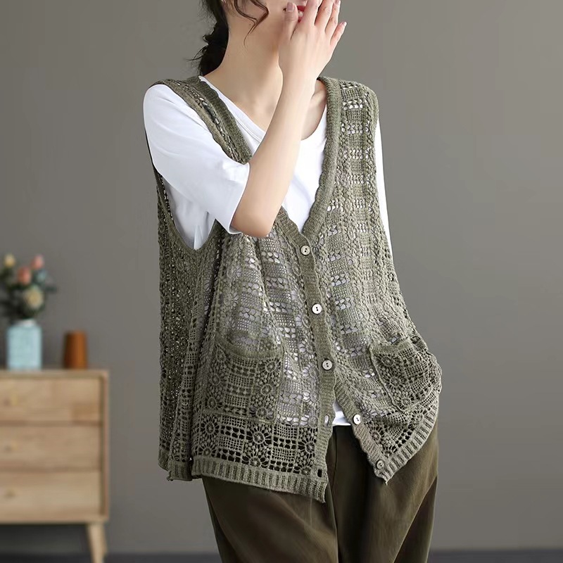 Hollow-out de punto cardigan chaleco verano de las mujeres casual moda artística retro suelta desgaste exterior Polka Dot malla superior chaleco image 4