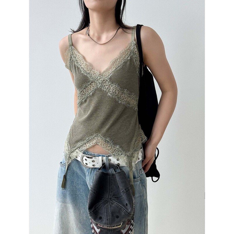Auraspectrum New Summer Style V Neck Lace Deconstructed Splicing Suspender Detail Design Top for Women