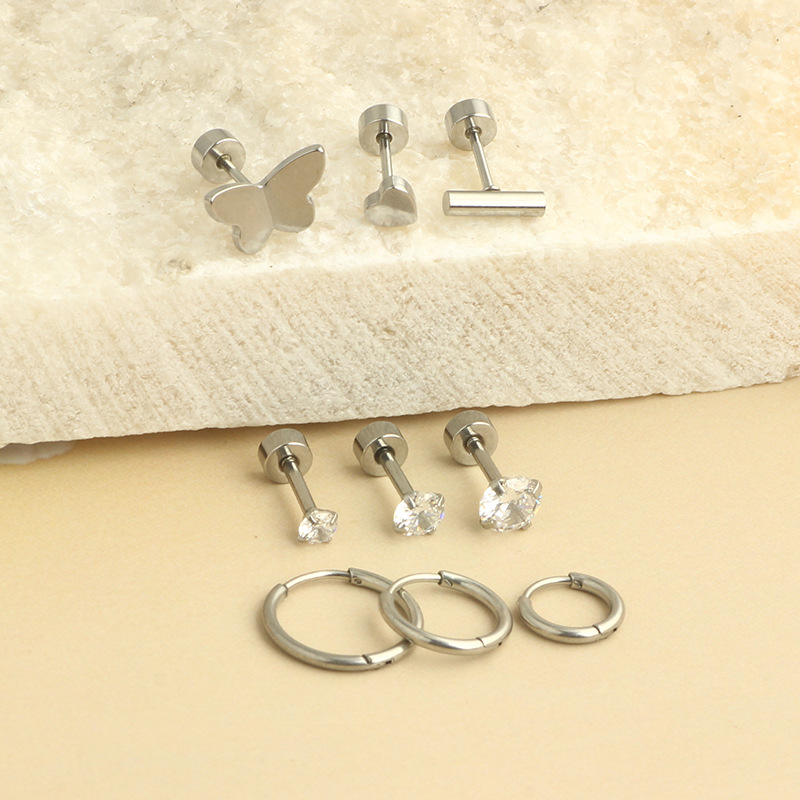 Amazon Hot Sale Stainless Steel Ear Studs Bone Nails Barbell Wafer Earrings Combination Set Body Piercing Jewelry detail image 7