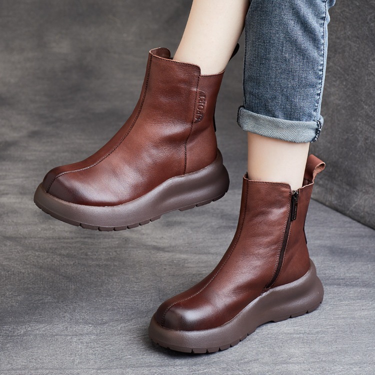 芭芭步 2024秋冬新款牛皮圆头侧拉链厚底短靴马丁靴女靴坡跟棉靴