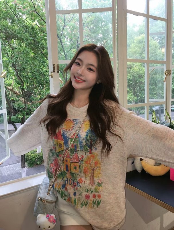 现货高版本ac家甜美感涂鸦圆领长袖t恤百搭新款上衣减龄时尚简约|undefined