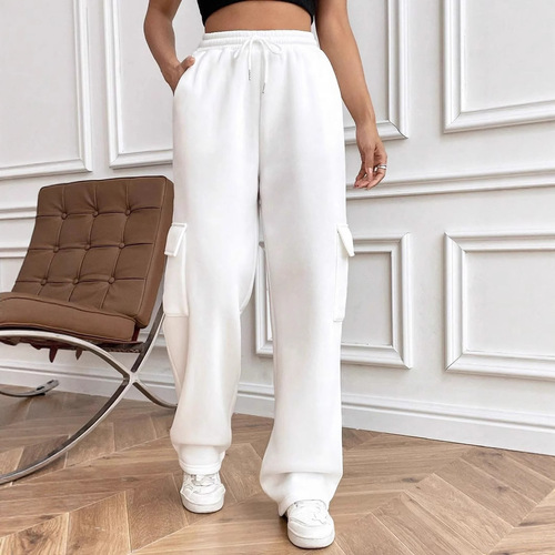 Men's and Women's Drawstring Spring and Autumn Wide Leg Loose New Style Multifunctional Pocket Sport Pants with Waistband