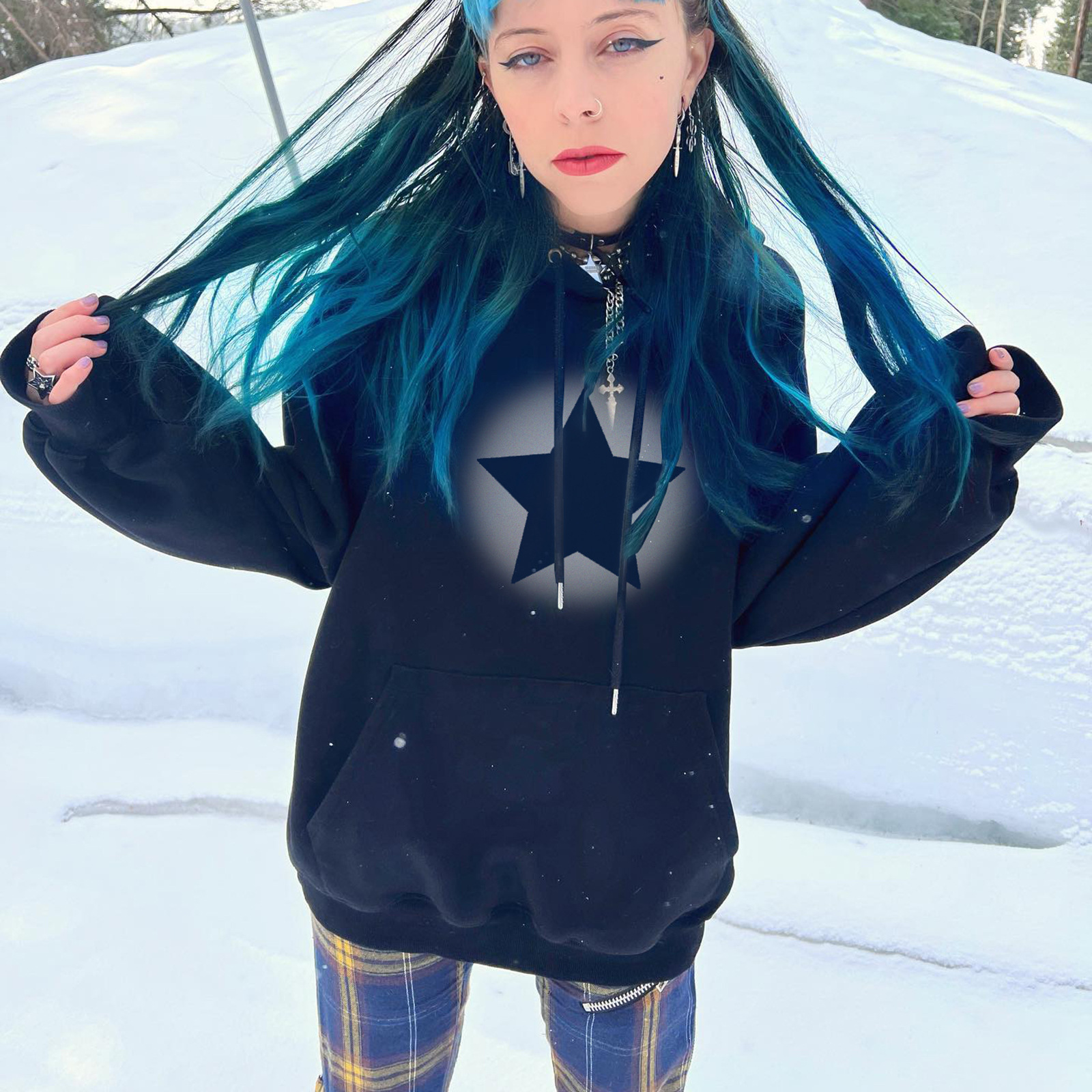 Felpa con cappuccio personalizzata con stampa a stella a cinque punte per donna Autunno 2022, nuova tasca, manica lunga, casual_voghion.com