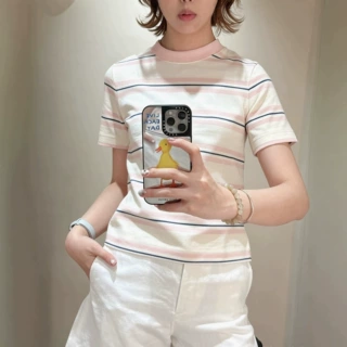 C家标准版型圆领T恤棕色条纹短袖26夏通勤正肩宽松女T 1325526009