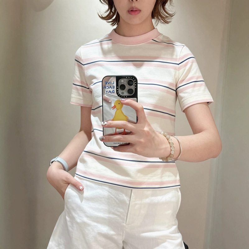 C Brand Standard Fit Round Neck T-Shirt with Brown Stripes, Short Sleeves, Summer 26, Casual, Regular Shoulder, Loose Fit, Women's T-Shirt 1325526009 C Brand Standard Fit Round Neck T-Shirt with Brown Stripes, Short Sleeves, Summer 26, Casual, Regular Shoulder, Loose Fit, Women's T-Shirt 1325526009