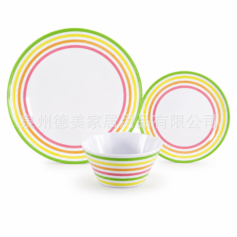 Spring and summer striped pattern melamine plate and bowl 12-piece set, foreign trade melamine tableware, melamine picnic set