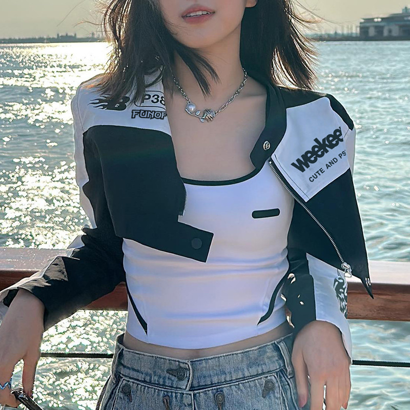 辣妹机车风拼色印花拉链短款外套女2025秋季欧美时尚新款夹克上衣|undefined