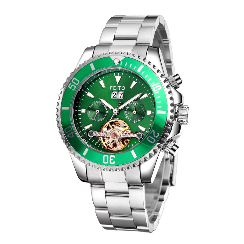 FEITO 8828 nuevo movimiento mecánico de la correa acero calendario hueco luminoso personalidad negocio moda reloj los hombres
