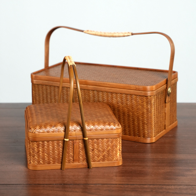 Artesanías de bambú tejidas a mano bambú gran laca cesta nueva casa china sala de estar cesta de almacenamiento de té retro cesta de almacenamiento