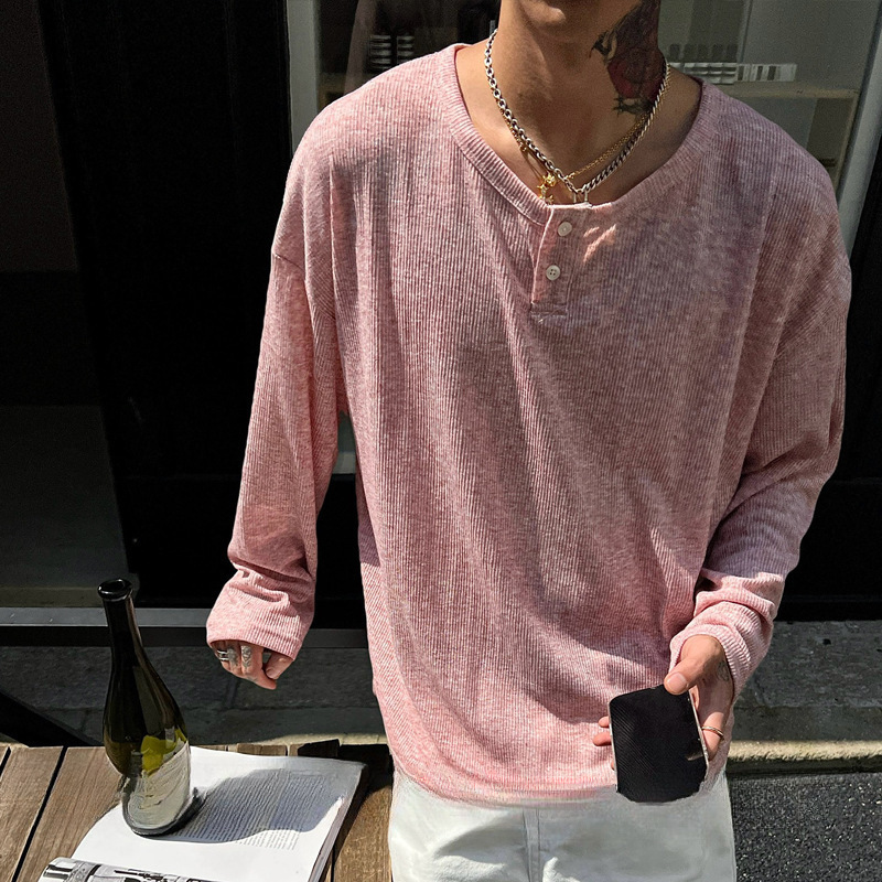 跨境跨境男装老钱风人夫感穿搭粉色亨利领长袖t恤男夏季薄款防晒