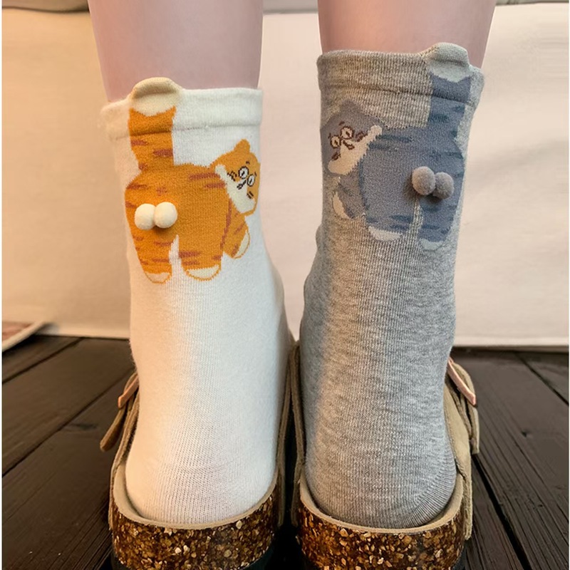 新款女袜中筒袜搞怪猫蛋蛋直筒袜透气吸汗棉袜可爱女士袜子春秋季|undefined