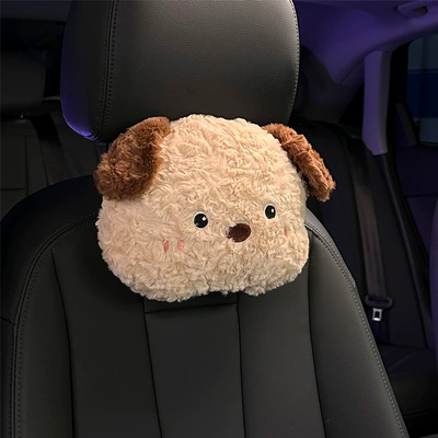 Blue Rain Stuffed Car Headrest Neck Pillow Cute Puppy Car Seat Lumbar Pillow Plaid Car Interior Supplies (Headrest) - rabbit-fur-puppy-headrest-khaki