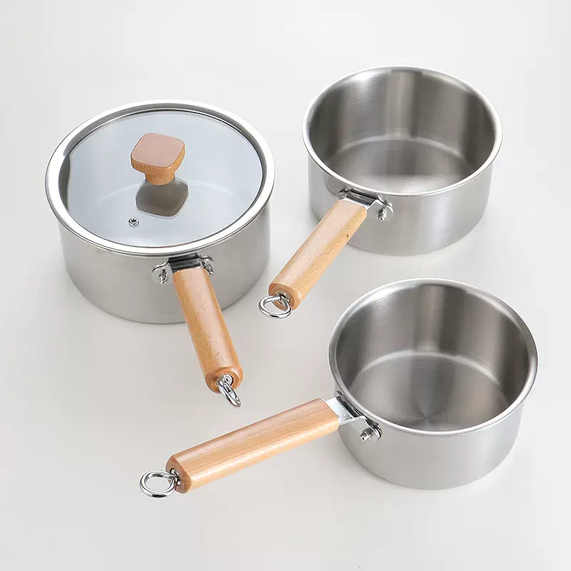 304三层钢无涂层奶锅带蒸屉实木柄宝宝辅食锅有刻度电磁炉汤锅