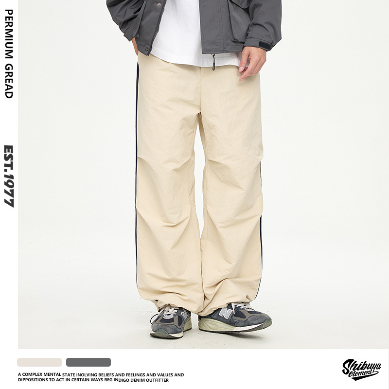 Autumn Street Fashion Side Color Block Workwear Sports Trousers Men's Casual Loose Drawstring Leg Paratrooper Pants