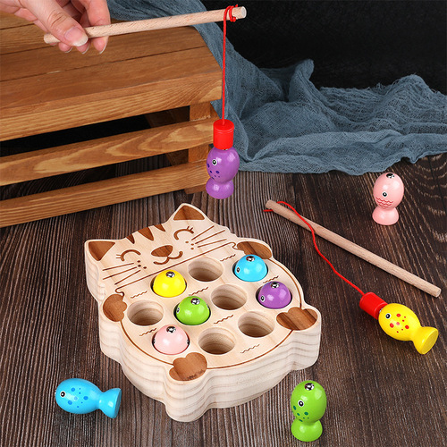 Children's fishing toys baby magnetic wooden kitten fishing toys magnetic fish concentration training