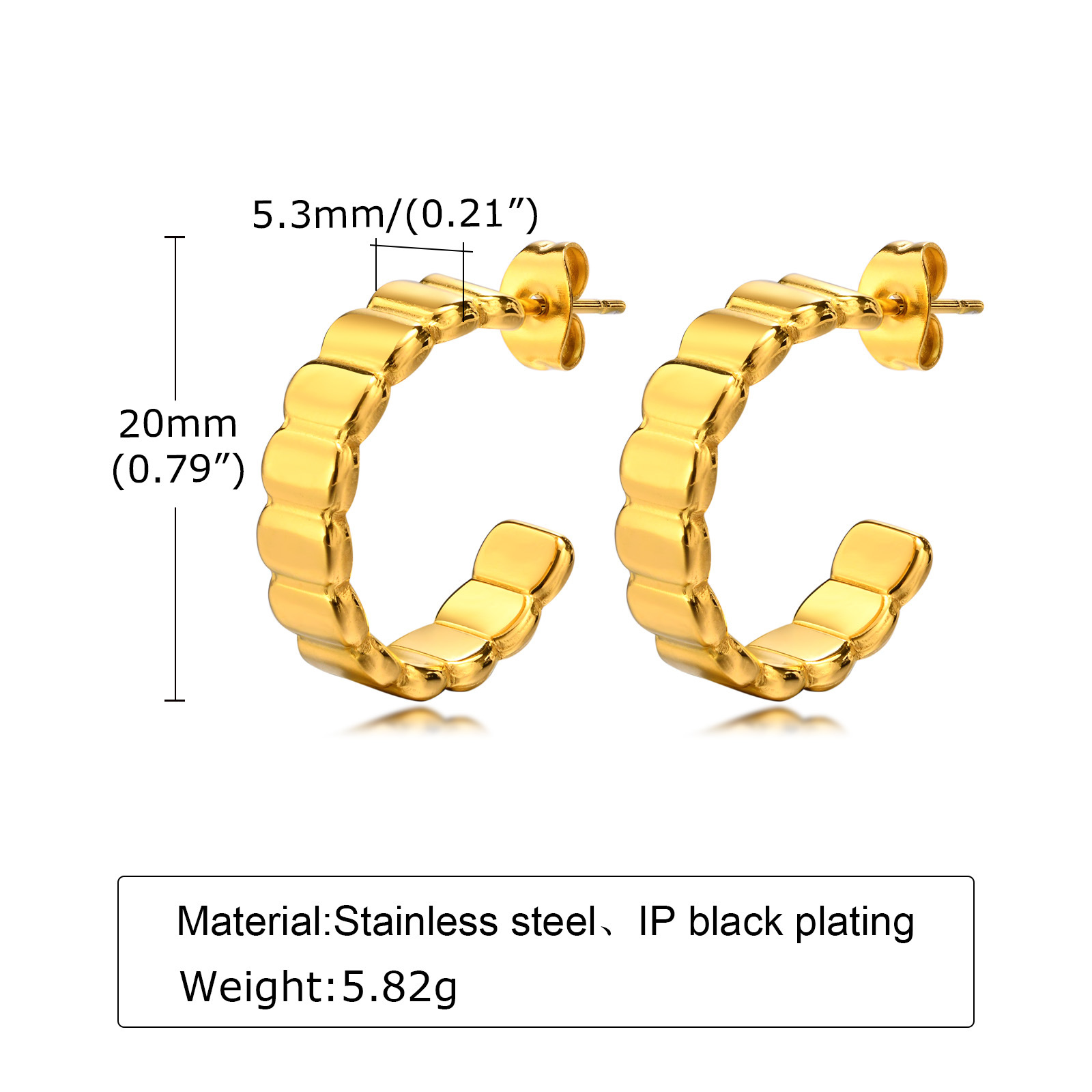 8g Weight 0.03µm-0.05µm Gold Plating Thickness Fashion C Shape Plating 201 Stainless Steel Stainless Steel Earrings
