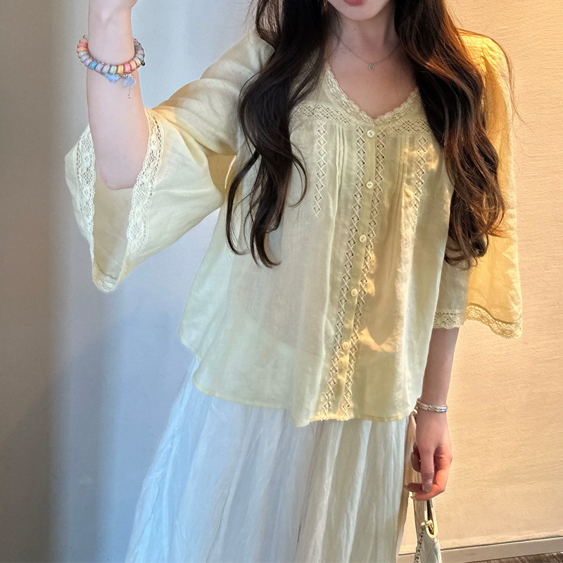 Jinyi Gentle Slimming Lace Water-Sleeve Ramie Doll Shirt Loose Tencel Ramie Blouse Top for Women Ins Jinyi Gentle Slimming Lace Water-Sleeve Ramie Doll Shirt Loose Tencel Ramie Blouse Top for Women Ins