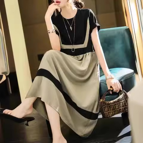 Super plus size 175.00kg chubby girl Summer dress Women's New Contrast Color A- line Skirt Loose Slimming Western Style Large Swing Skirt Super plus size 175.00kg chubby girl Summer dress Women's New Contrast Color A- line Skirt Loose Slimming Western Style Large Swing Skirt