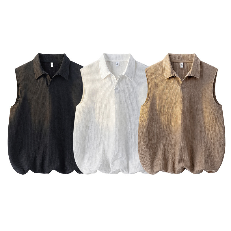 American-Style Ice Silk Sleeveless T-Shirt Men's V-Neck Top Summer Cool Loose Vest Short-Sleeve Polo Shirt Men's Clothing