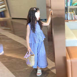 女童套装夏装2025新款韩版儿童小女孩无袖上衣阔腿裤格子两件套潮