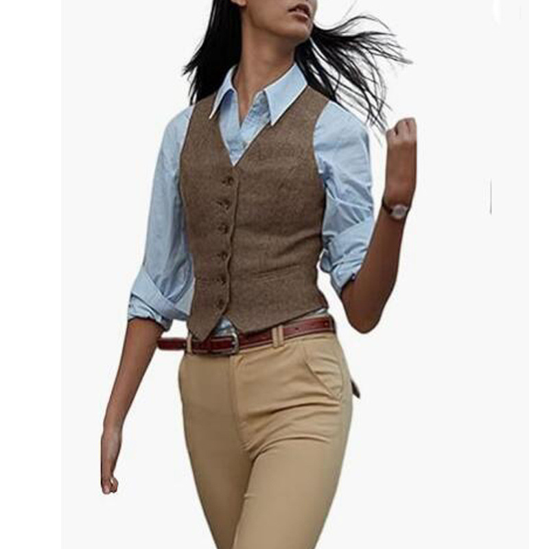 European and American Export Women's Clothing Hot Sale Retro Herringbone Pattern Business Casual Slim Short Vest Suit Vest for Women to Wear Outside