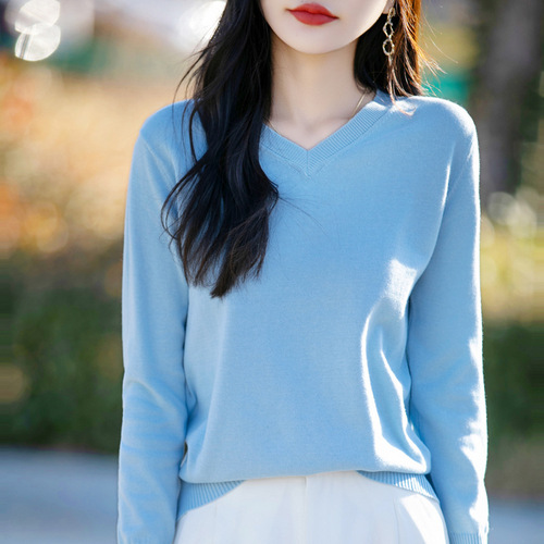 100 cotton spring new style V-neck knitted long-sleeved soft loose pullover simple solid color western style bottoming shirt for women